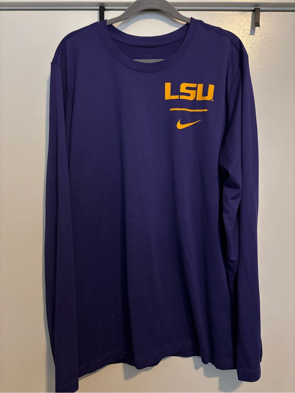 Nike Purple Long-Sleeve LSU Performance Tee with Gold Logo. Dri fit